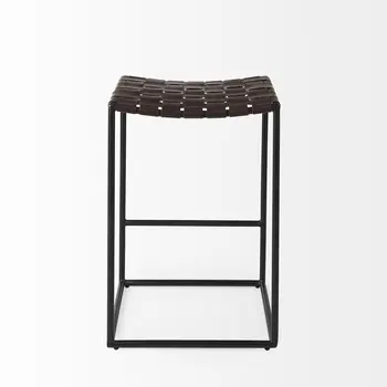 26" Brown And Black Leather And Iron Backless Counter Height Bar Chair