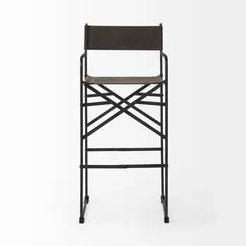 30" Brown And Black Leather And Metal Bar Chair