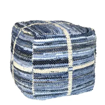 18" Blue Cotton Striped Pouf Ottoman