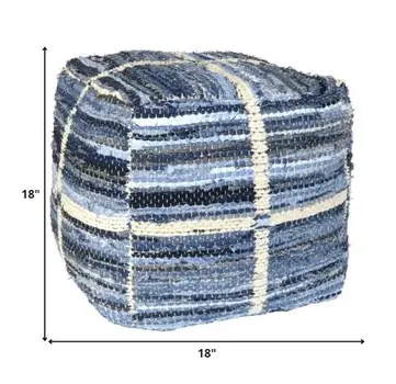 18" Blue Cotton Striped Pouf Ottoman