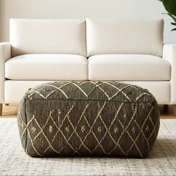 21" Black Cotton Geometric Pouf Ottoman