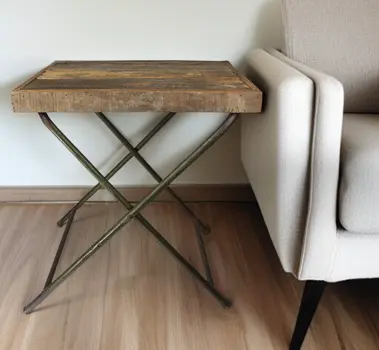 30" Brown And Charcoal Solid Wood And Iron Cross Legs End Table