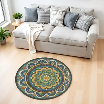 4' Blue and Orange Round Wool Floral Medallion Hand Tufted Area Rug