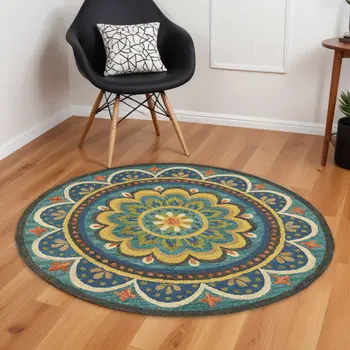 6' Blue Round Wool Geometric Hand Tufted Area Rug