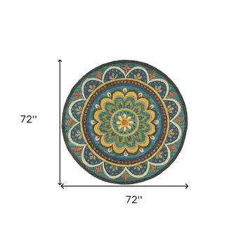 6' Blue Round Wool Geometric Hand Tufted Area Rug
