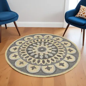6' Gray Round Wool Geometric Hand Tufted Area Rug