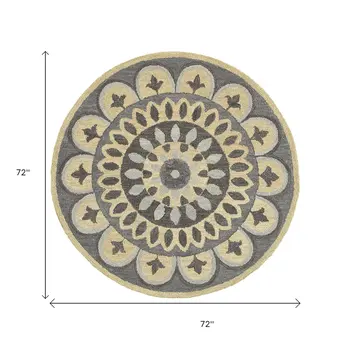 6' Gray Round Wool Geometric Hand Tufted Area Rug