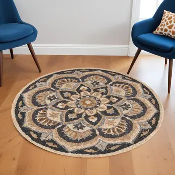 6' Black and Tan Round Wool Floral Medallion Hand Tufted Area Rug