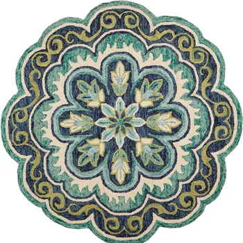 4' Round Green Floral Artwork Area Rug
