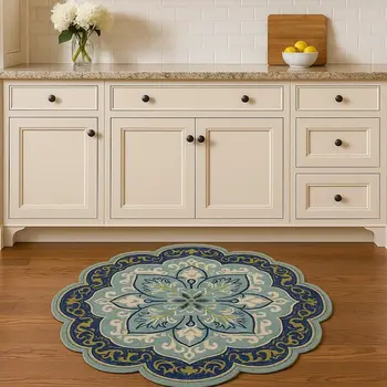 4' Blue And Green Wool Geometric Hand Tufted Round Rug