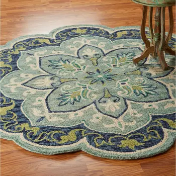 4' Blue And Green Wool Geometric Hand Tufted Round Rug