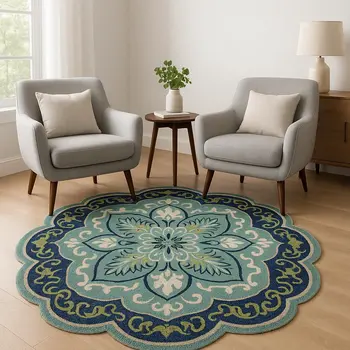 6' Blue And Green Wool Geometric Hand Tufted Round Rug