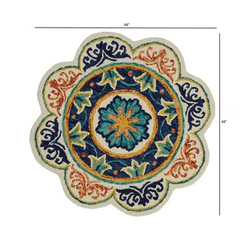 4' Round Ivory And Navy Decorative Area Rug