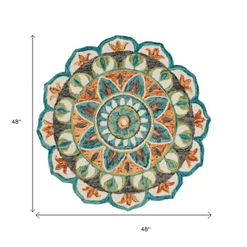 4' Round Blue And Orange Medallion Area Rug