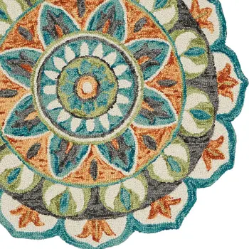 6' Blue And Green Wool Geometric Hand Tufted Round Rug