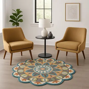 6' Blue And Green Wool Geometric Hand Tufted Round Rug