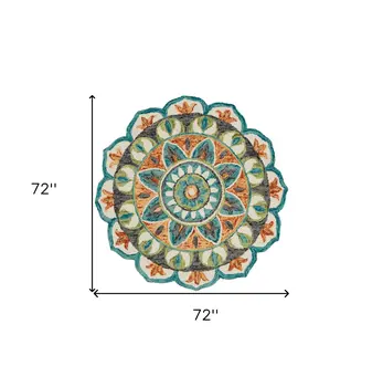 6' Blue And Green Wool Geometric Hand Tufted Round Rug