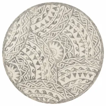 6' Gray Round Wool Geometric Hand Tufted Area Rug