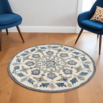 6' Round Blue Floral Oasis Area Rug