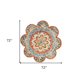 6' Orange And Red Wool Floral Hand Tufted Round Rug