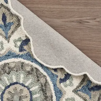 6' Ivory Teal Blue and Green Wool Hand Tufted Round Rug