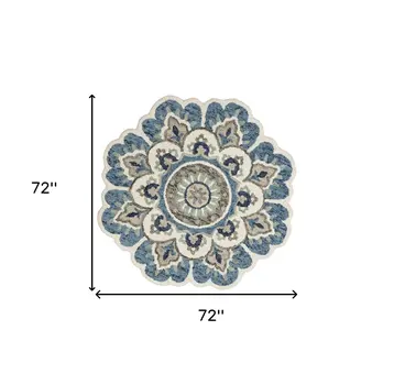 6' Ivory Teal Blue and Green Wool Hand Tufted Round Rug