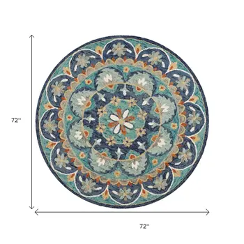6' Blue And Green Round Wool Floral Hand Tufted Area Rug