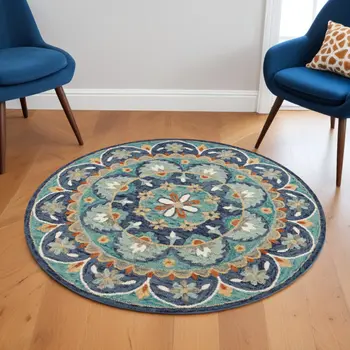 6' Blue And Green Round Wool Floral Hand Tufted Area Rug