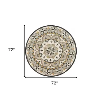 6' Gray and Ivory Round Wool Floral Handmade Area Rug