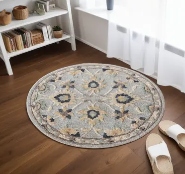 3' Beige And Blue Wool Floral Hand Woven Round Rug