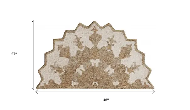 2' X 4' Tan and Beige Wool Medallion Hand Woven Half Circle Area Rug