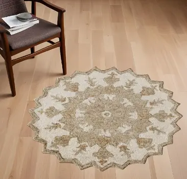 3' Round Tan Retro Modern Medallion Area Rug