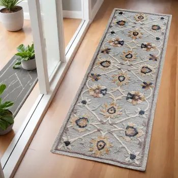 2' X 7' Blue And Beige Floral Runner Rug