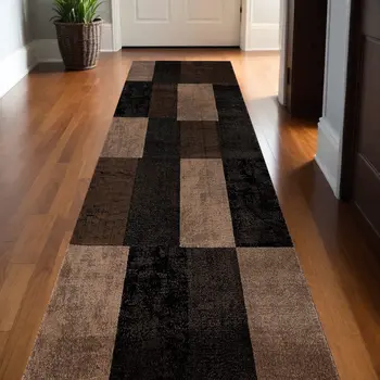 20' Brown And Black Geometric Distressed Runner Rug