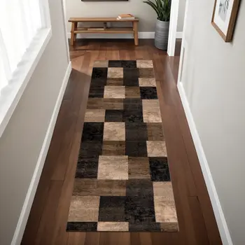8' Brown Checkered Power Loom Runner Rug