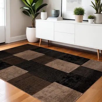 4' X 6' Brown Checkered Power Loom Area Rug