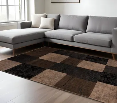 8' X 11' Black And Brown Geometric Distressed Area Rug