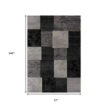 20' Black And Gray Geometric Distressed Runner Rug