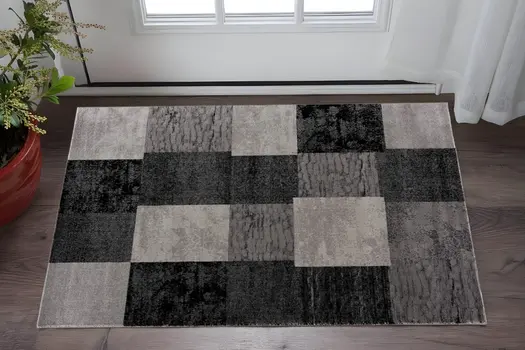 2' X 5' Grey Checkered Area Rug
