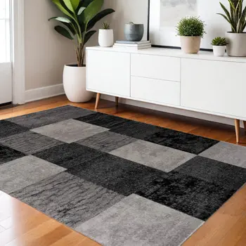 4' X 6' Gray Checkered Power Loom Area Rug