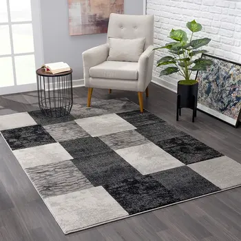 8' X 11' Black And Gray Geometric Distressed Area Rug