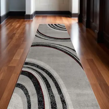 13' Gray And Black Abstract Shag Runner Rug