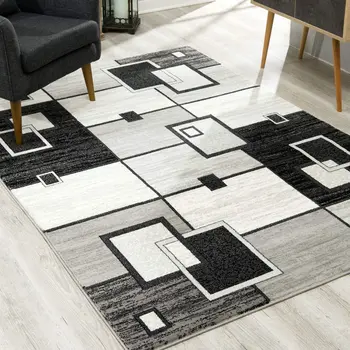 15' Gray And Black Geometric Distressed Runner Rug