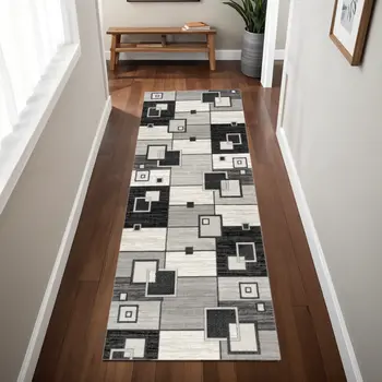 8' Gray and Black Geometric Power Loom Distressed Runner Rug