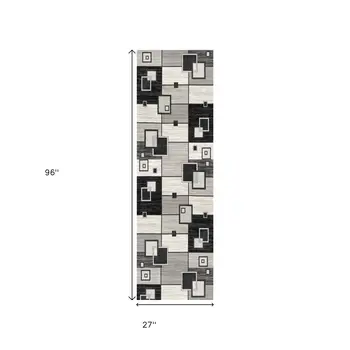 8' Gray and Black Geometric Power Loom Distressed Runner Rug