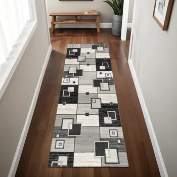 8' Gray Abstract Power Loom Runner Rug