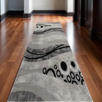 13' Gray And Black Abstract Shag Runner Rug