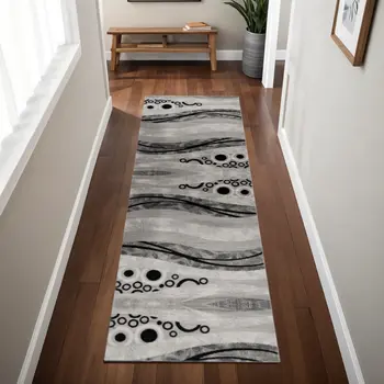 8' Grey Abstract Power Loom Runner Rug