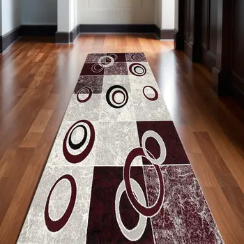 13' Red and White Geometric Power Loom Runner Rug