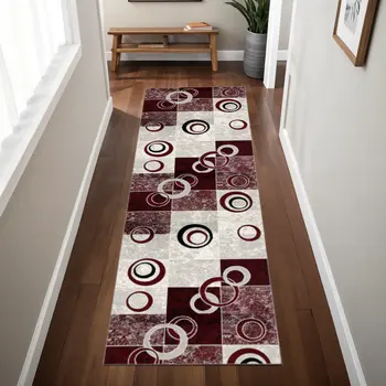 8' Red and White Geometric Power Loom Runner Rug